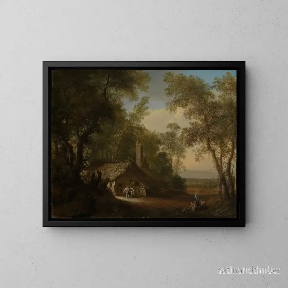 Reproduktion av målningen av en gård mellan träd i mittmånens ljus omkring 1743-1745 - Philipp Hieronymus Brinckmann
