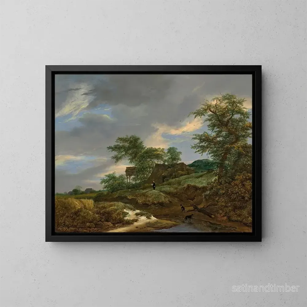 Reproduktion av målningen av ett skogigt landskap med en man och två hundar på en väg, en stuga i fjärran - Jacob van Ruisdael