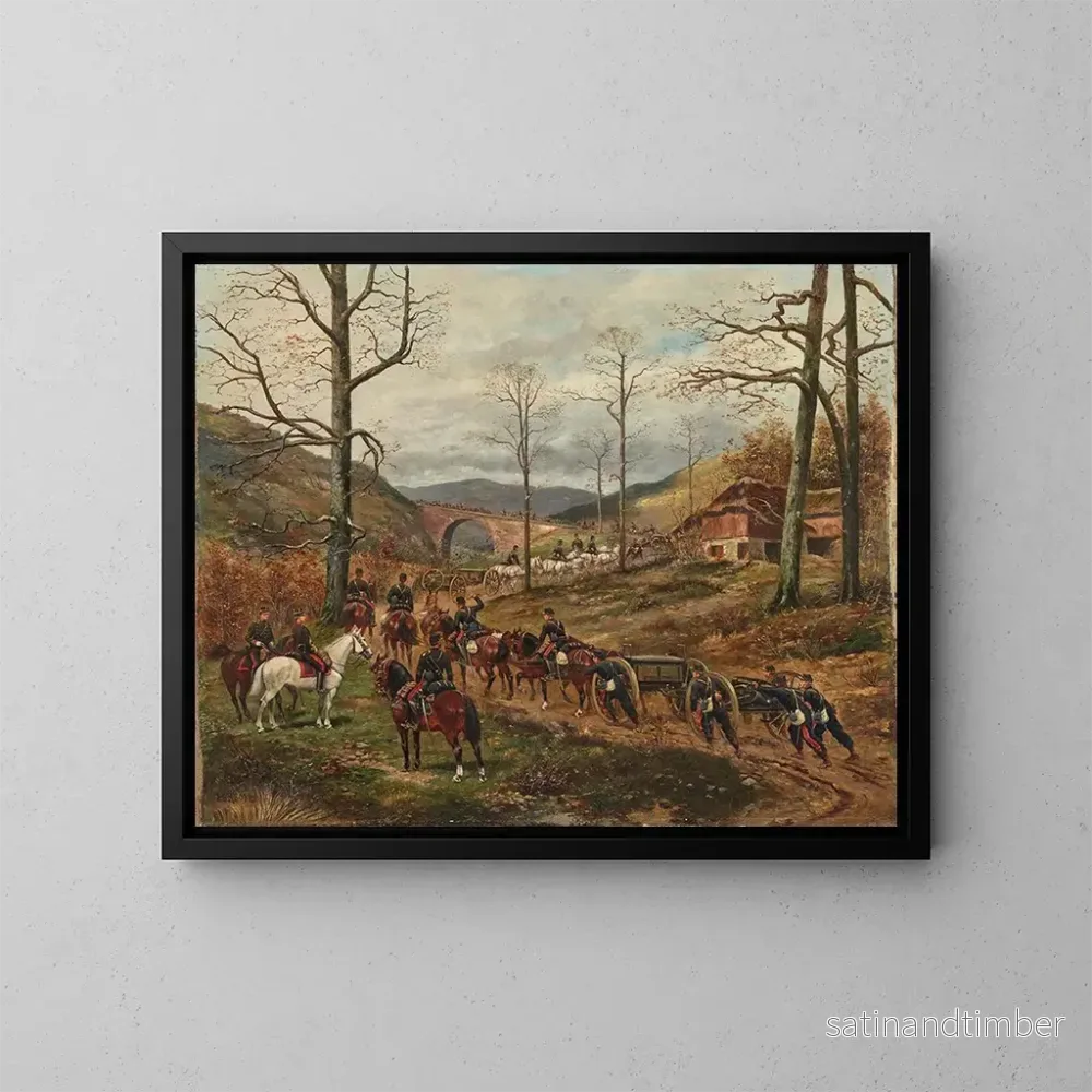 Reproduktion av målningen Längd: 60 cm, Höjd: 45 cm, Material: Olja på duk, Ursprung: Frankrike, År: 19th century, Konsttryck av Paul Émile Léon Perboyre, "L'artillerie à cheval française de la 90e avancée sur Rezonville"