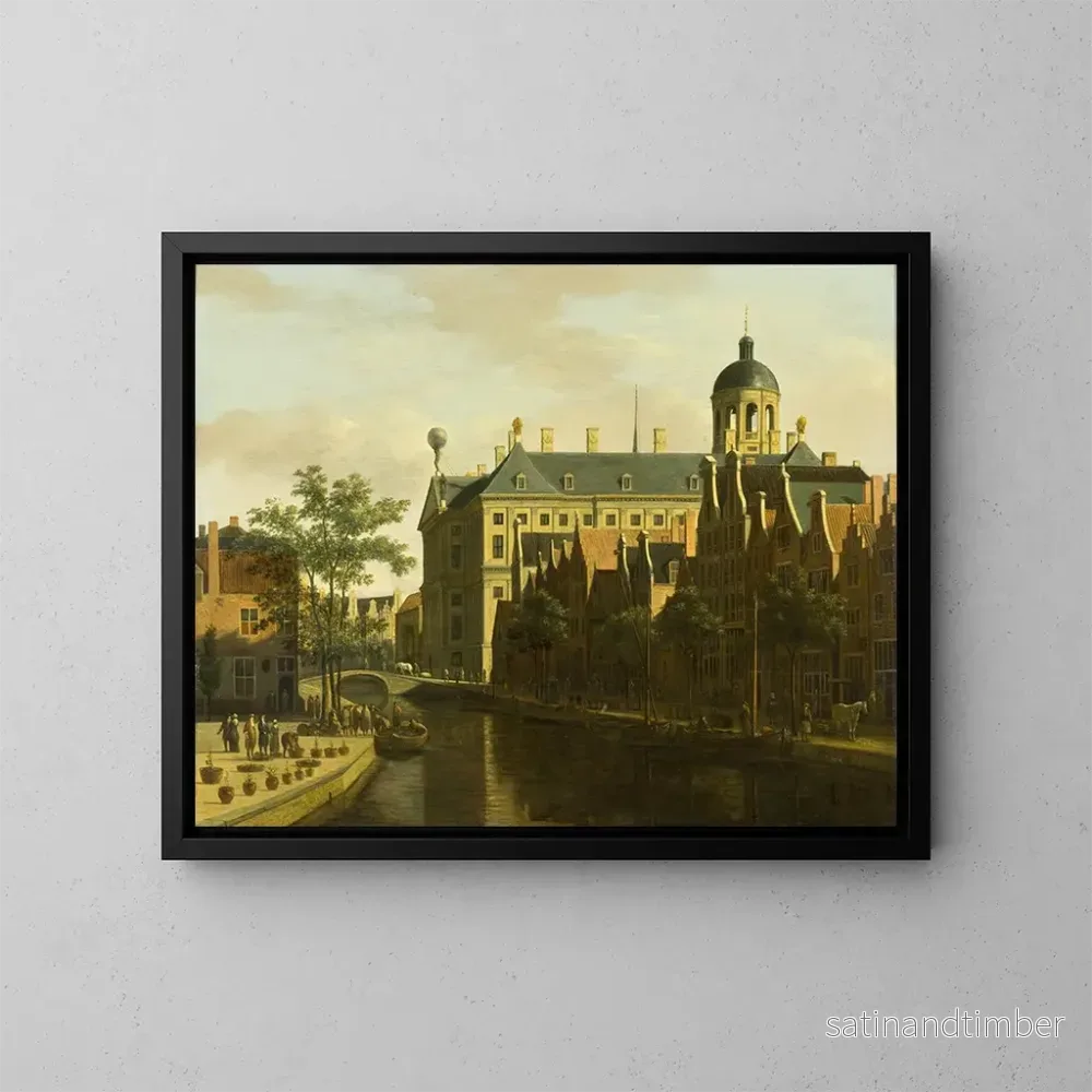 Reproduktion av målningen La Nieuwezijds Voorburgwal med blommarknaden och träden i Amsterdam – Gerrit Adriaensz Berckheyde Reproduktion av målningen La Nieuwezijds Voorburgwal med blommarknaden och träden i Amsterdam – Gerrit Adriaensz Berckheyde
