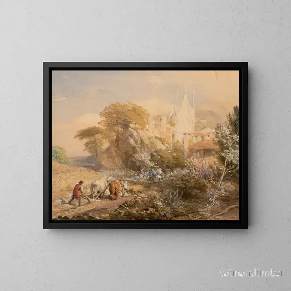 Reproduktion av målningen av skördefält och kloster i La Vocatella nära Corpo di Cava - Samuel Palmer