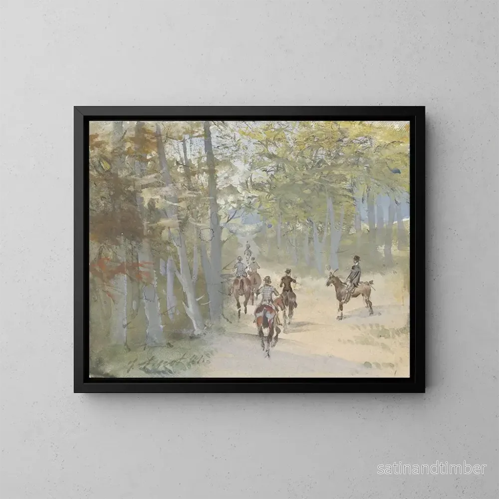 Reproduktion av målningen Landskapsbild av skog med ryttare - Jules Baron Finot