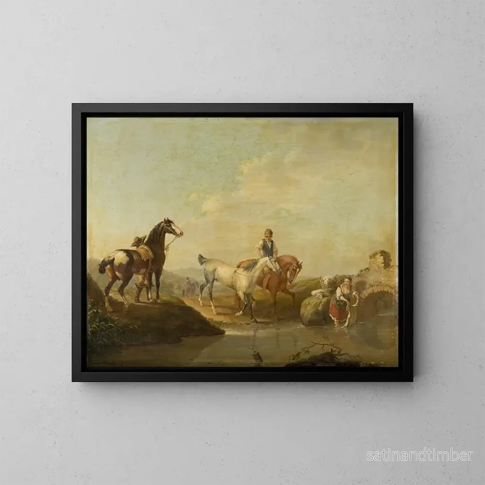 Reproduktion av målningen En brudgum som leder två hästar till vattnet - Johann Georg Pforr