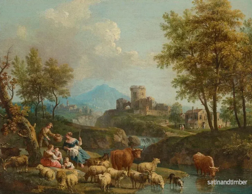 Reproduktion av målningen En flodlandskap i italiensk stil med körsvenner och boskap på en väg, en by bortom - Giovanni Battista Cimaroli - Bild 2