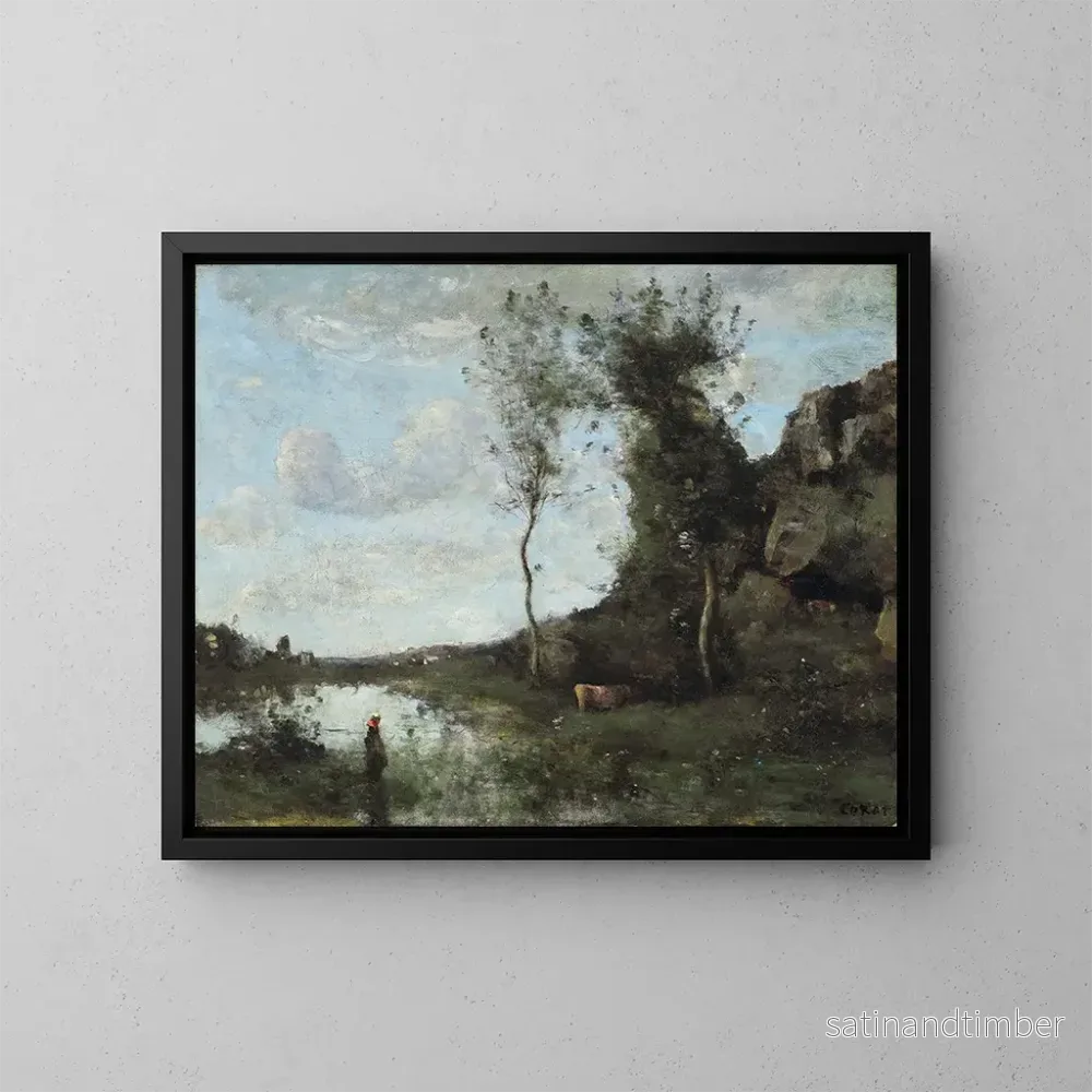 Reproduktion av målningen En bonde och hennes ko, dammen med en by i sikte - Jean-Baptiste-Camille Corot