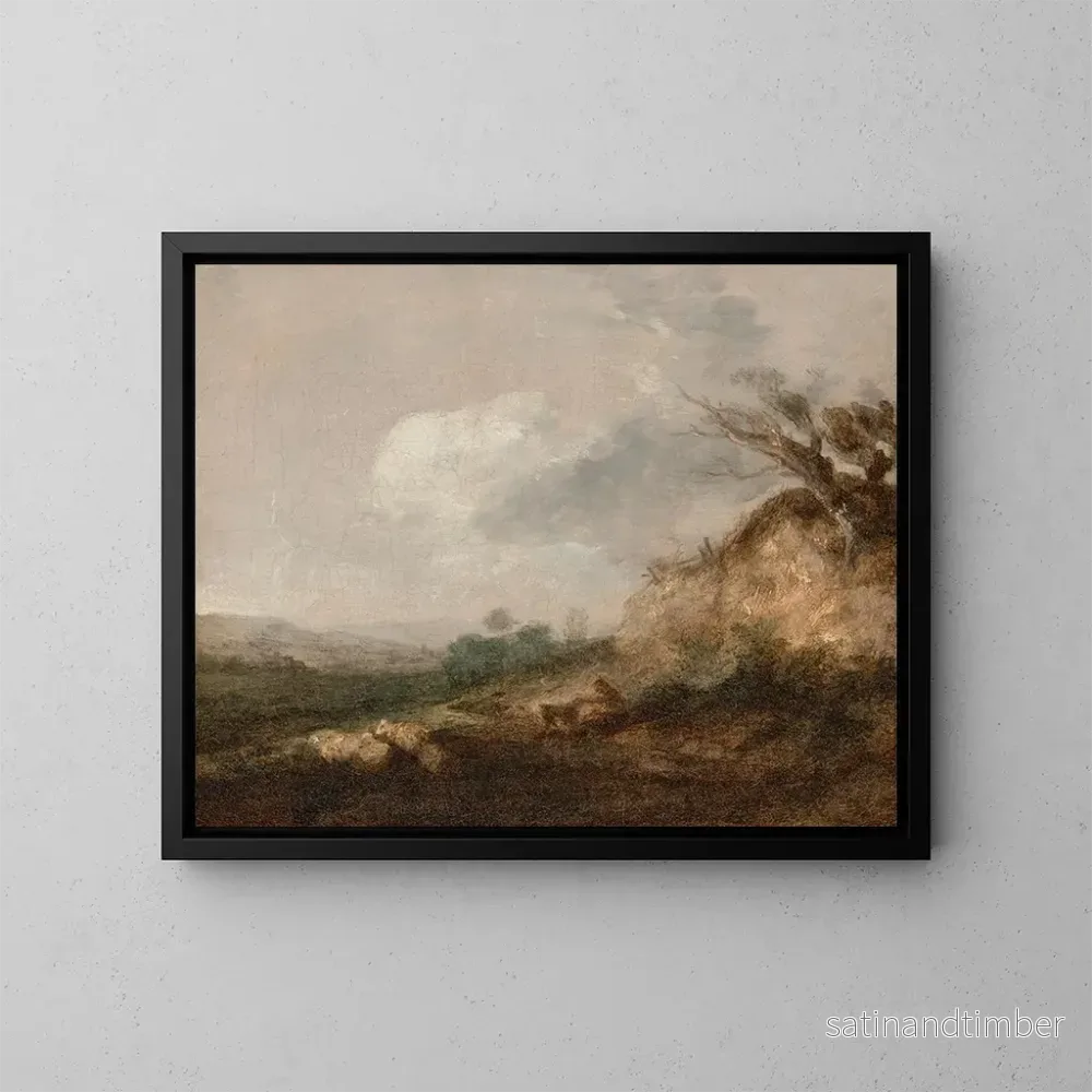 Reproduktion av målningen En herde och hans hund i ett landskap, hans hjord vilar nära en sanddyn i förgrunden - Thomas Gainsborough