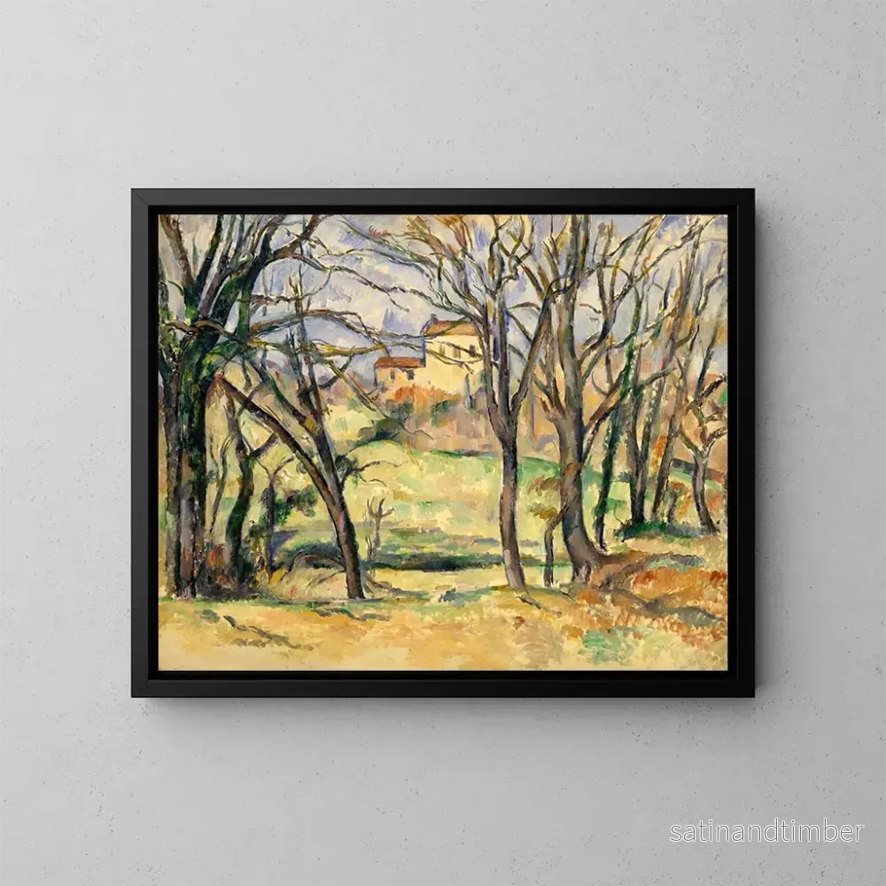 Reproduktion av målningen av träd och hus nära Jas de Bouffan - Paul Cézanne