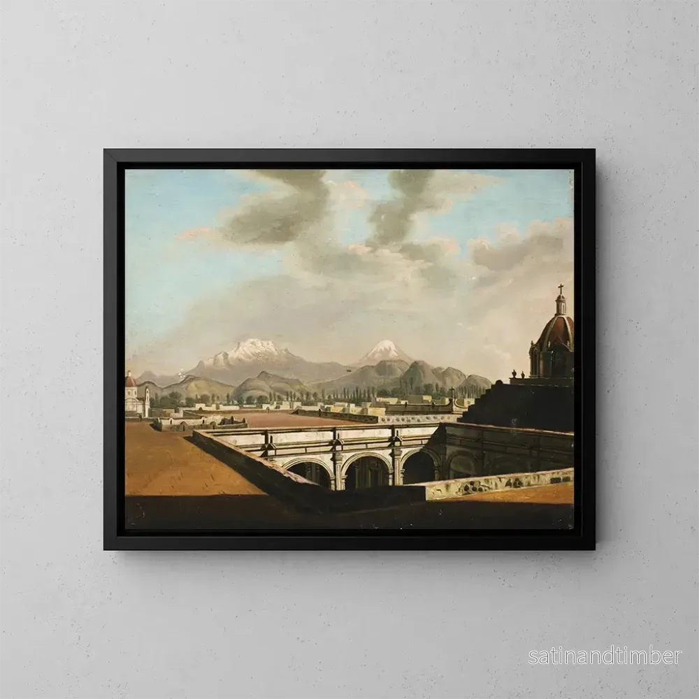 Reproduktion av målningen Vue des volcans depuis le toit d'un palais civil novohispanique - Pietro Gualdi