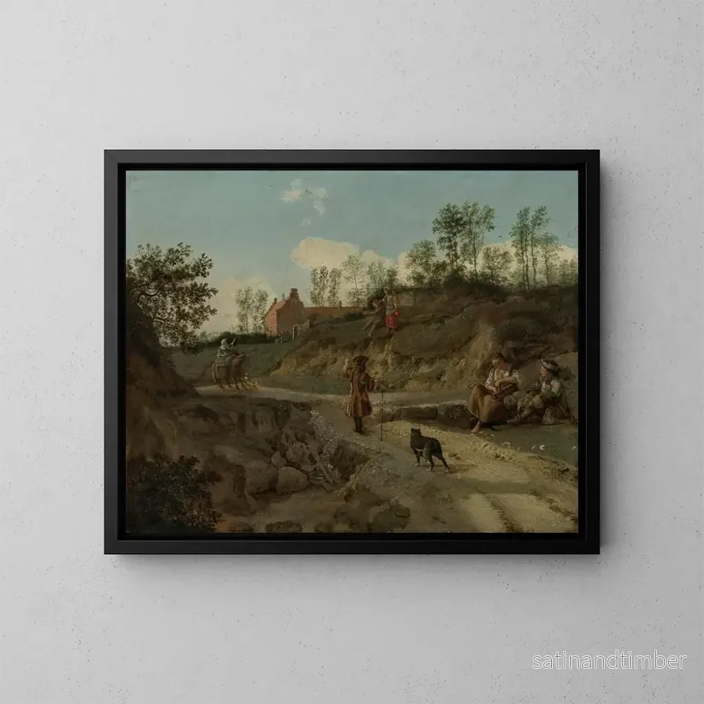 Reproduktion av målningen av en landsbygd med figurer i samtal - Jan van der Heyden