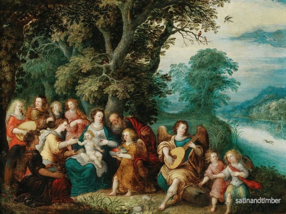 Reproduktion av målningen La Sainte Famille avec des anges musiciens dans un paysage - Louis de Caullery - Bild 2