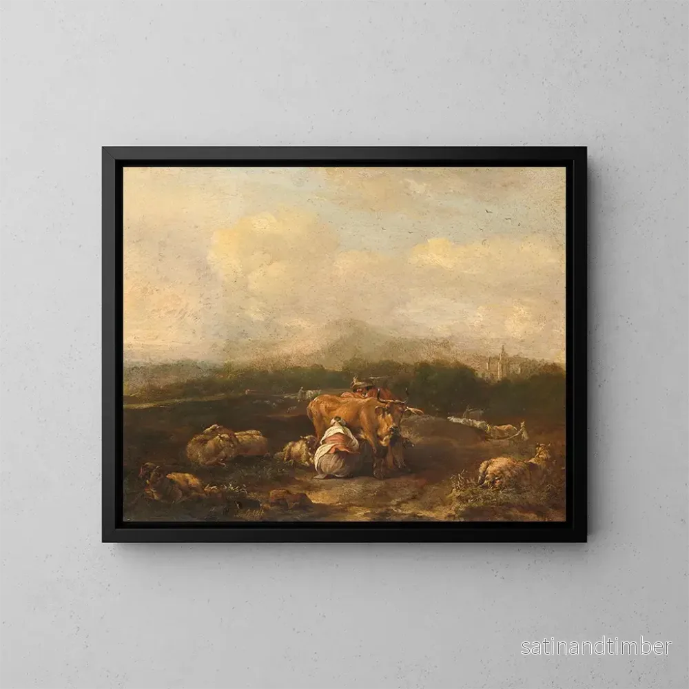 Reproduktion av målningen av italiensk landskapsmålning med boskap - Nicolaes van Helt Stockade