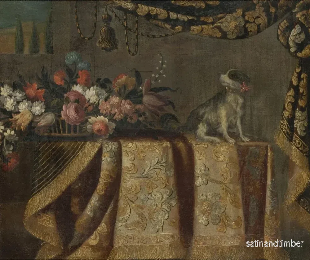 Reproduktion av målningen av blomsterstilleben med en leksaks-Spaniel på ett draperat bord - Francesco Noletti - Bild 2