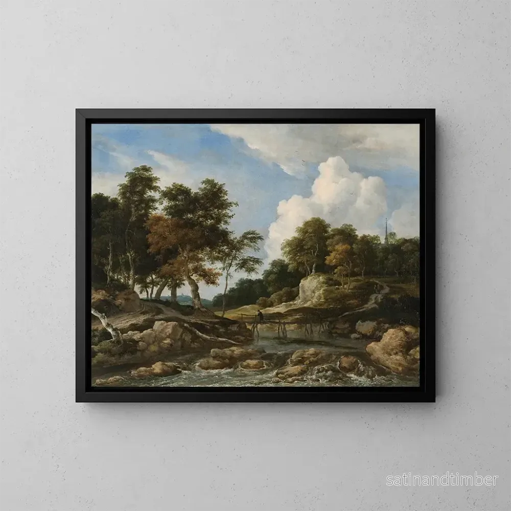 Reproduktion av målningen av ett skogigt flodlandskap med en bro och en kyrka i fjärran - Jacob van Ruisdael
