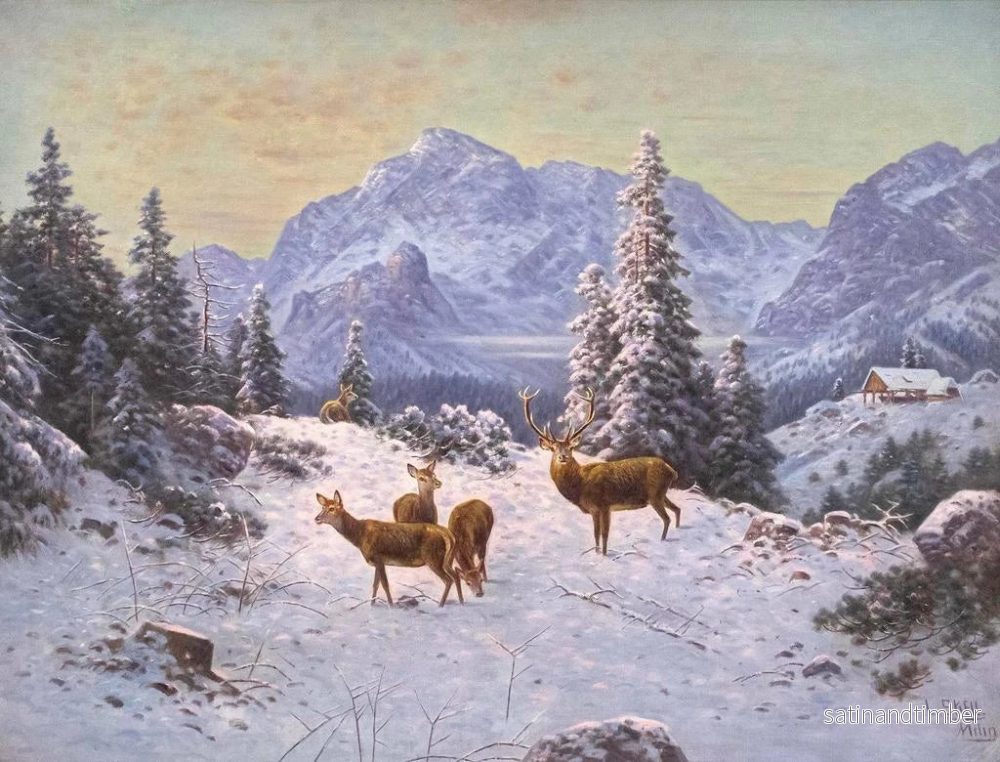 Reproduktion av målningen av rådjur med hjord på vintern - Ludwig Sckell - Bild 2