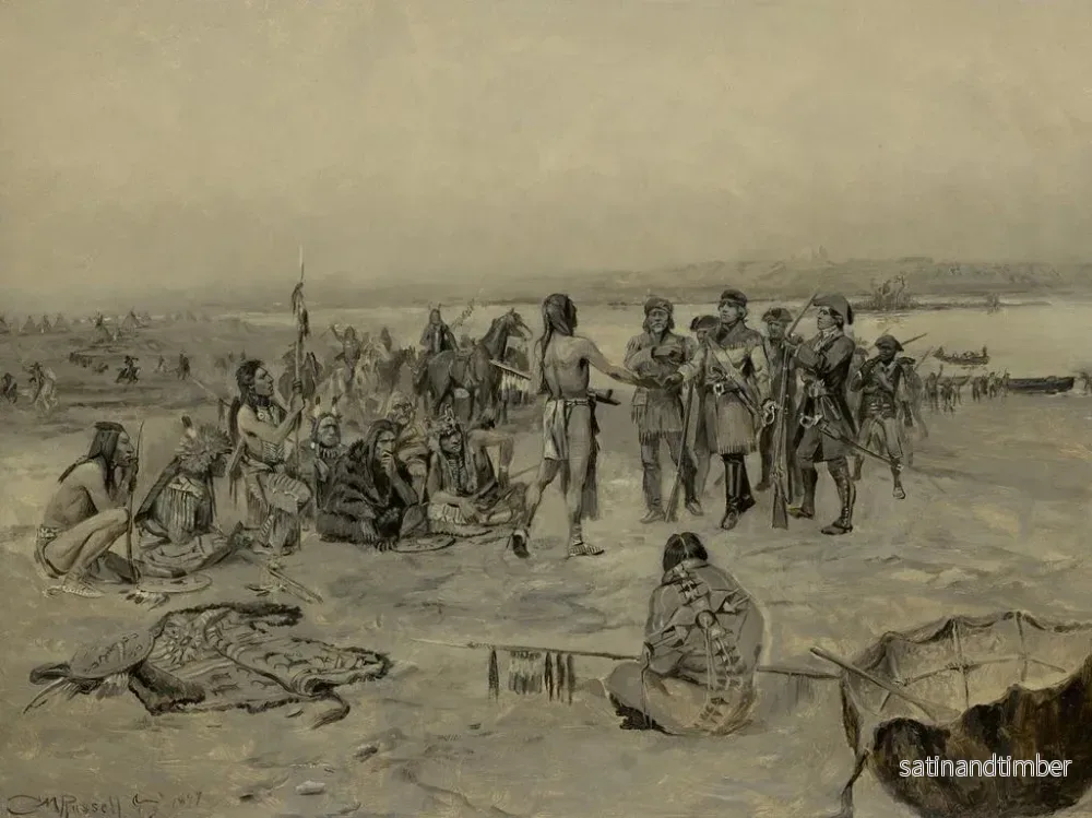 Reproduktion av målningen av mötet mellan Lewis och Clark och Mandans - Charles Marion Russell - Bild 2