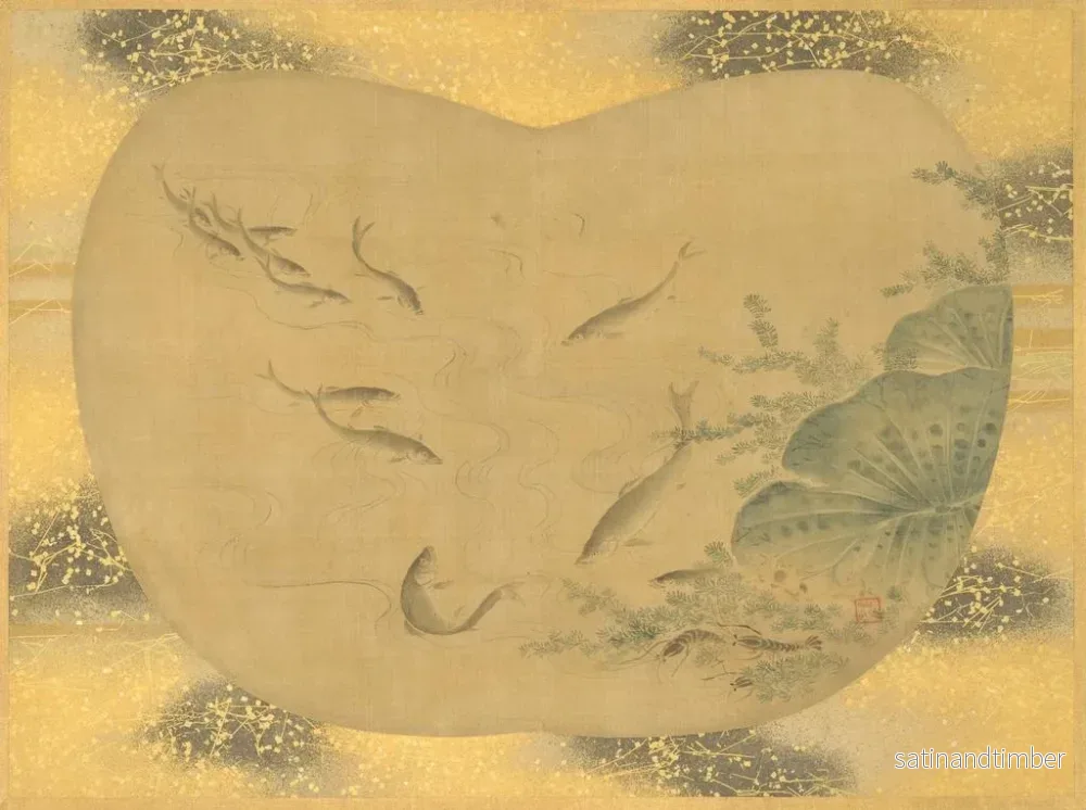 Reproduktion av målningen av fisk och vattenväxter i en lotusdamn - Kanō Tsunenobu - Bild 2