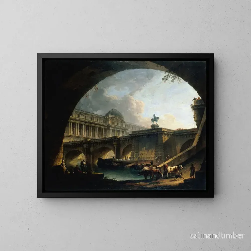 Reproduktion av målningen Caprice arkitektonisk av ett palats inspirerat av Louvren och Pont Neuf som ramlar in i bågen av en bro - Pierre-Antoine Demachy