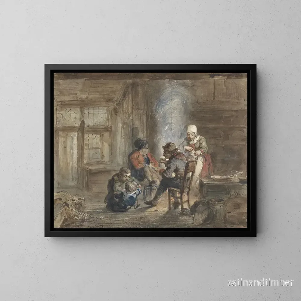 Reproduktion av målningen inomhus med en familj runt en öppen spis - Matthijs Maris