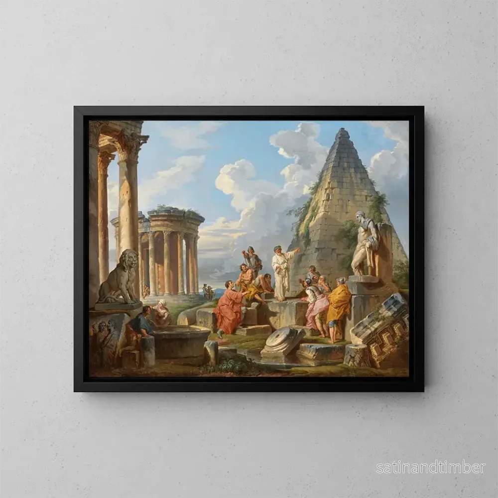 Reproduktion av målningen En fantasibild med helige Paul som predikar för romarna med Vesta-templet och Cestius-pyramiden - Giovanni Paolo Panini