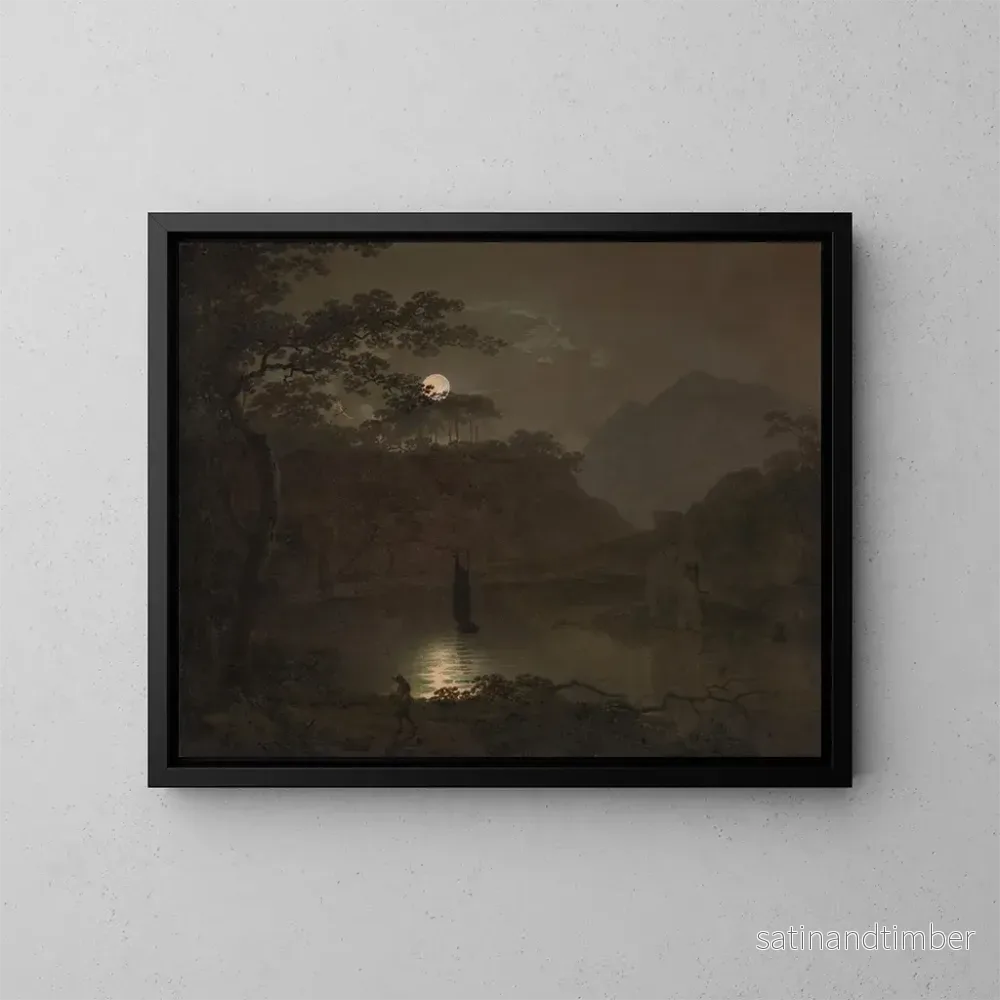 Reproduktion av målningen En sjö i månljus - Joseph Wright de Derby
