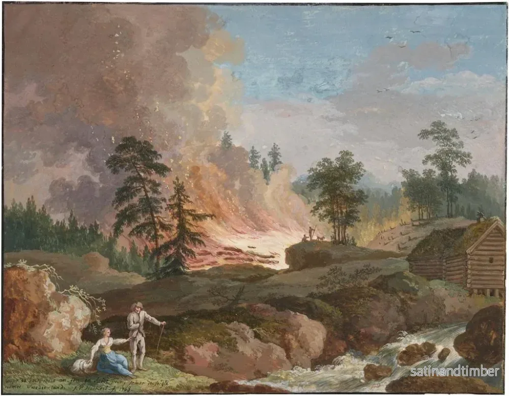 Reproduktion av målningen av ett landskap i Sverige med bönder som bränner ved och ett par som vilar vid en bäck - Jakob Philipp Hackert - Bild 2