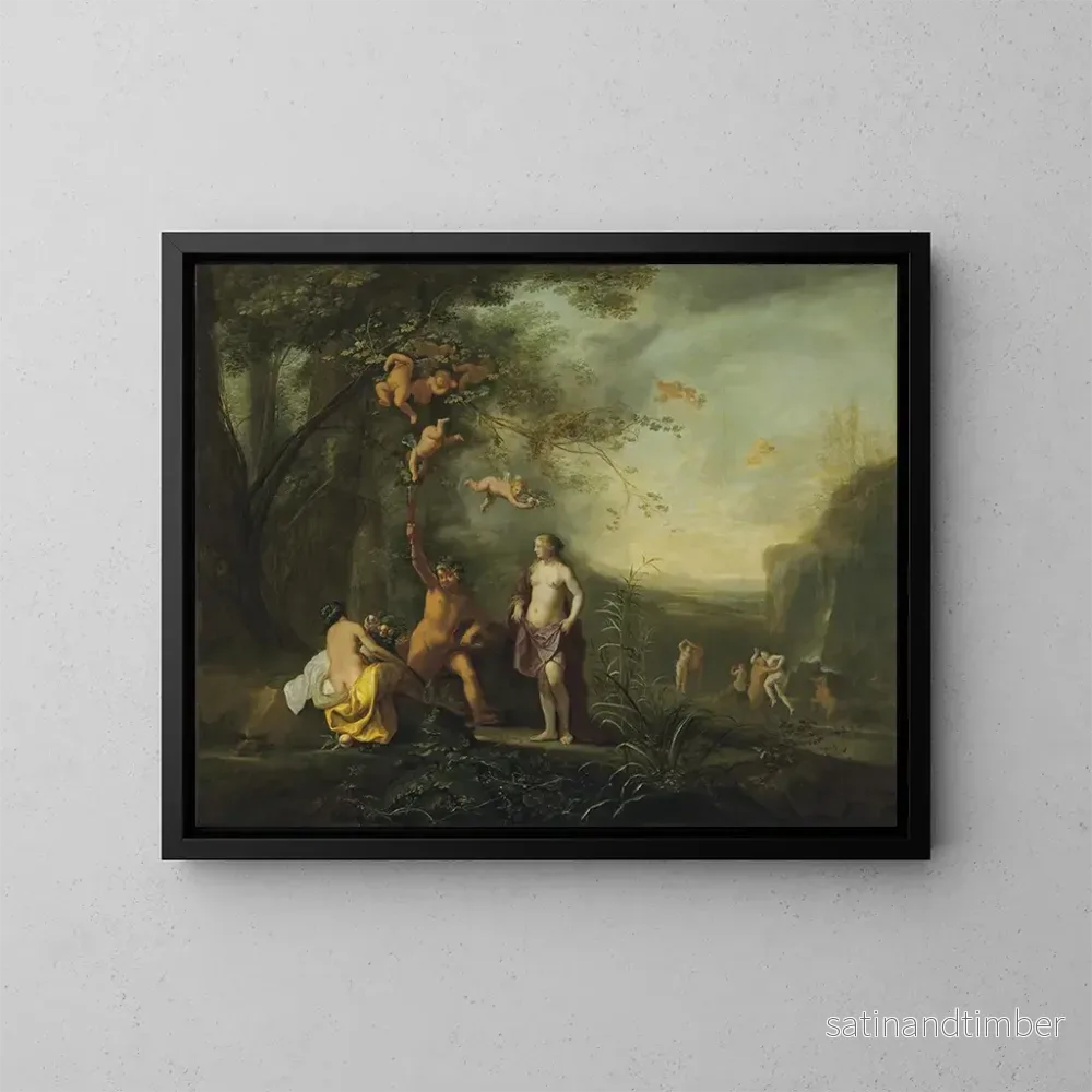 Reproduktion av målningen Bacchus, Venus och Ceres under ett vinranka i ett pastoral landskap med putti, nymfer och satyresser – Cornelis van Poelenburch Reproduktion av målningen Bacchus, Venus och Ceres under ett vinranka i ett pastoral landskap med putti, nymfer och satyresser – Cornelis van Poelenburch