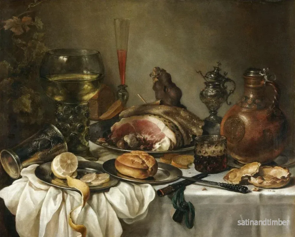 Reproduktion av målningen av en stillebenmålning med en roemer, en lerkrukke, ett omvänt silverskål, en skinka och andra föremål placerade på ett bordstäcke - Pieter Claesz - Bild 2