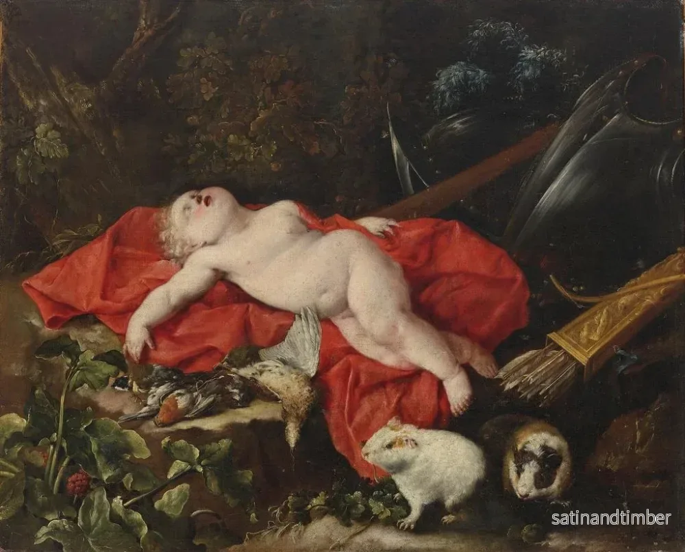 Reproduktion av målningen av Cupid som sover bredvid jaktföremål med två marsvin i förgrunden - Bartolomeo Guidobono - Bild 2