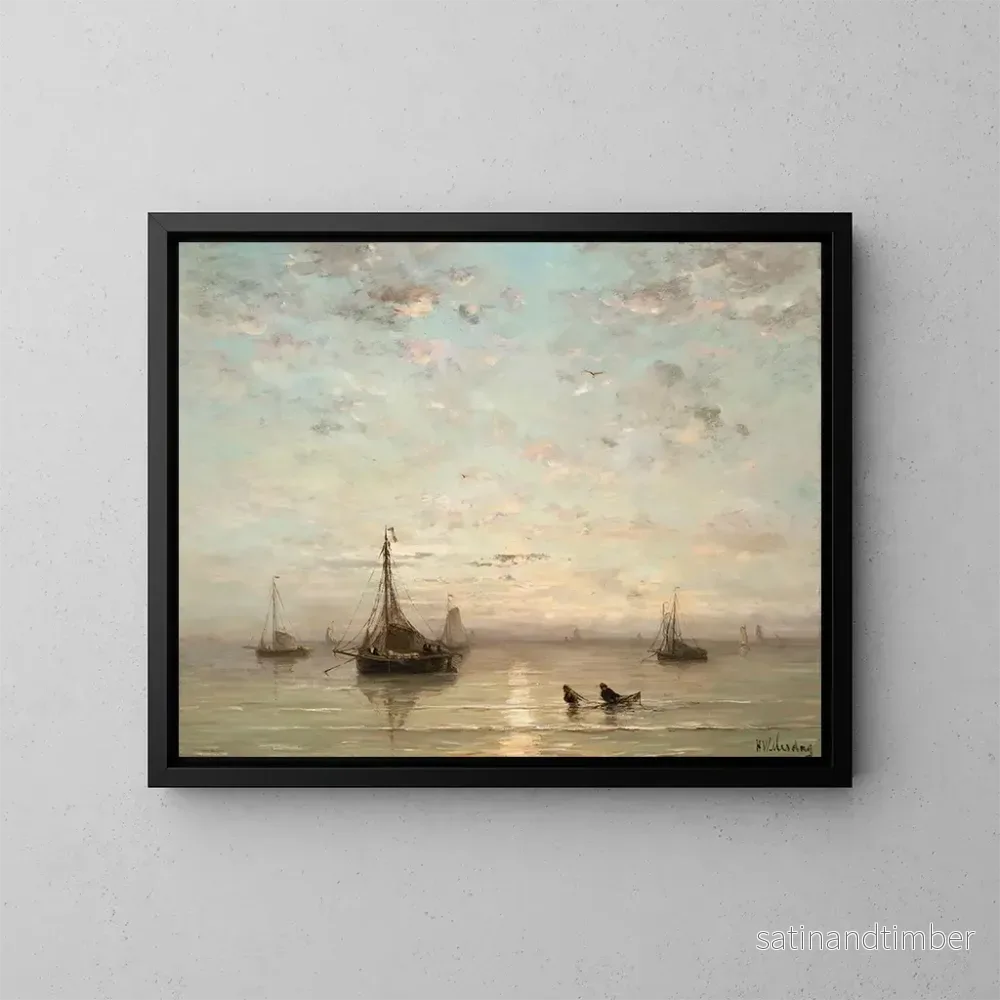 Reproduktion av målningen av fiskebåtar vid solnedgång - Hendrik Willem Mesdag