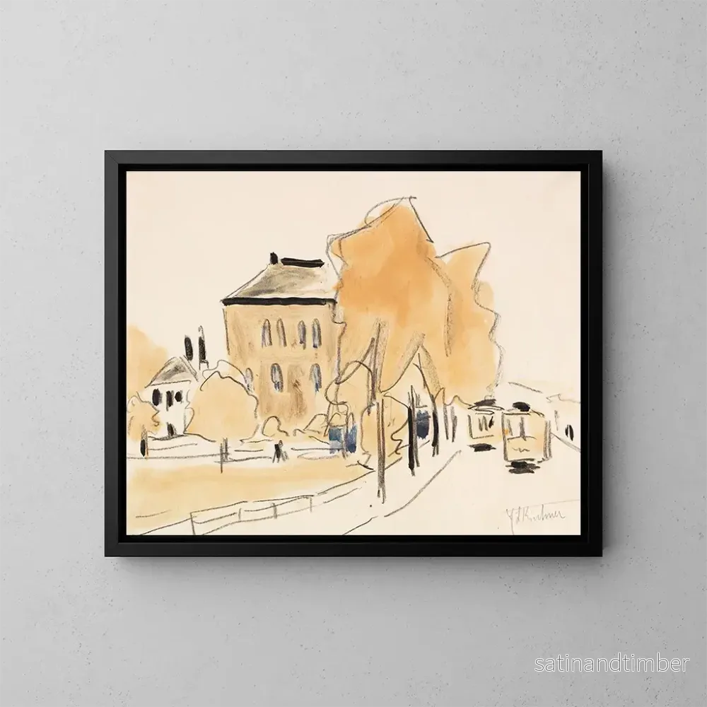 Reproduktion av målningen av stadslandskap med två spårvagnar, Berlinerstraße spårvagn i Dresden - Ernst Ludwig Kirchner