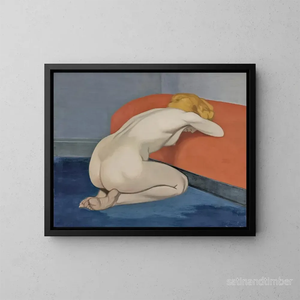 Reproduktion av målningen av en naken kvinna på knä framför en röd soffa - Félix Vallotton