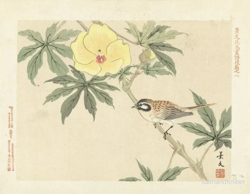 Reproduktion av målningen Hibiscus vid solnedgången och ängsbrässe - Matsumura Keibun - Bild 2