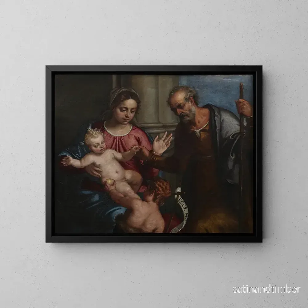 Reproduktion av målningen av heliga familjen med det heliga barnet Jean - Carlo Caliari