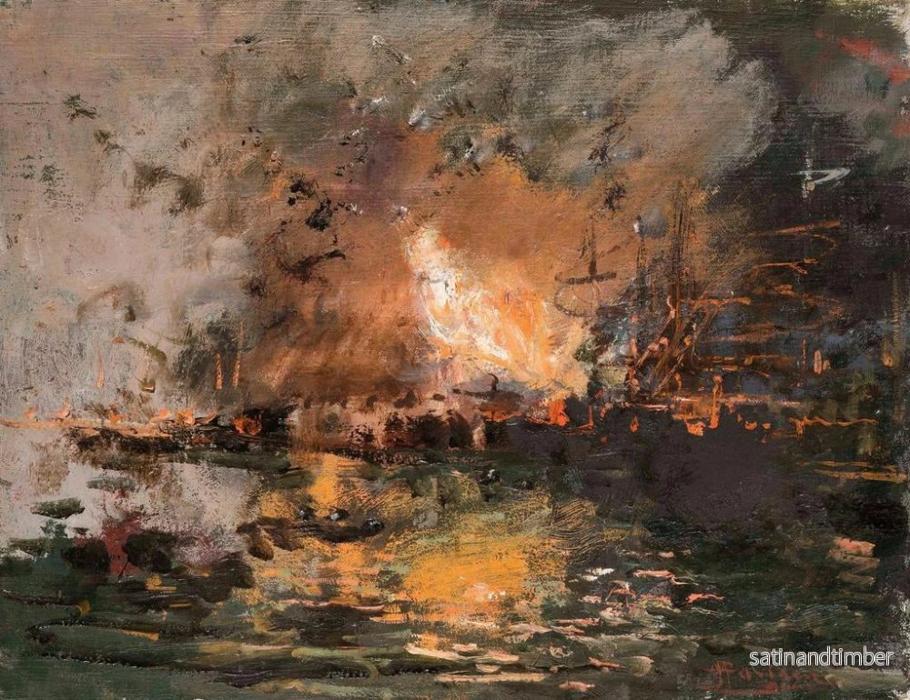 Reproduktion av målningen Båt i brand i en hamn - Pompeo Mariani - Bild 2