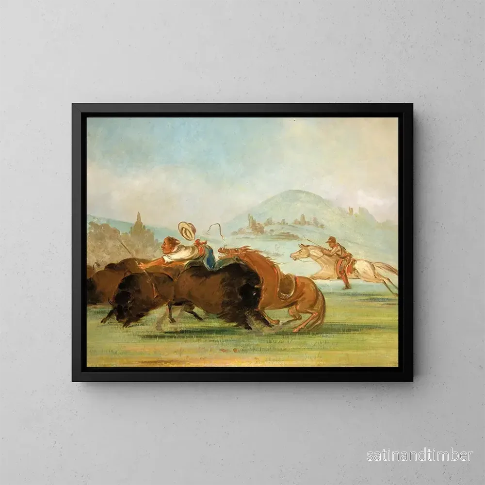 Reproduktion av målningen Baptiste och jag som springer vid buffelns mun i Yellowstone - George Catlin
