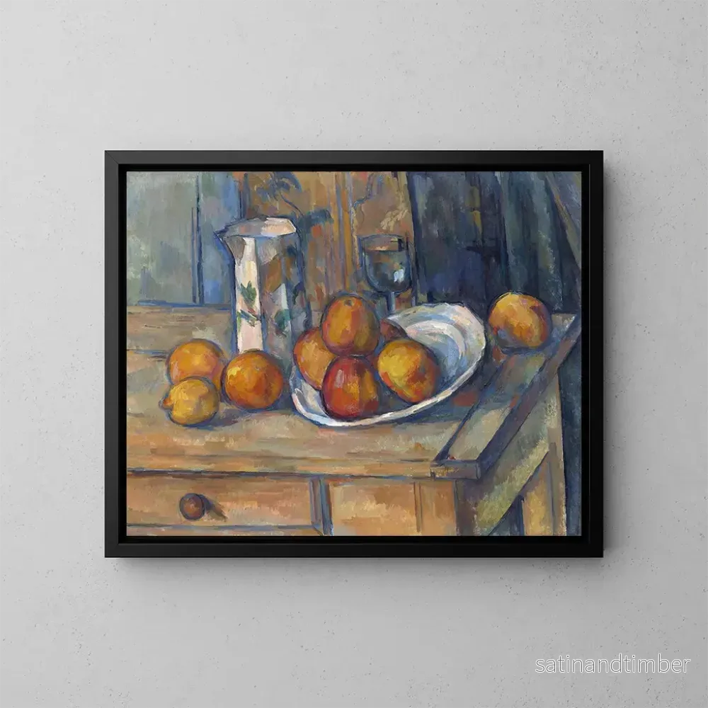 Reproduktion av målningen av naturtavla med en mjölkkanna och frukt - Paul Cézanne
