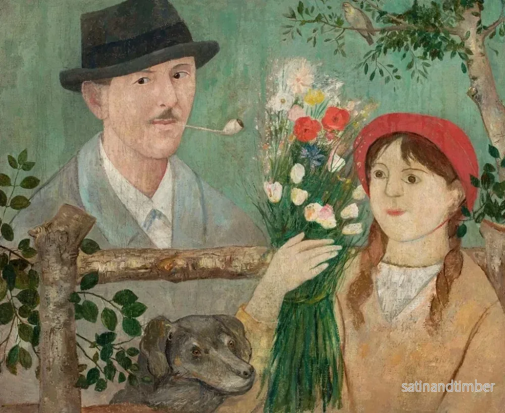 Reproduktion av målningen Idylle nära ett staket, självporträtt av flicka med blommor och hund - Tadeusz Makowski - Bild 2