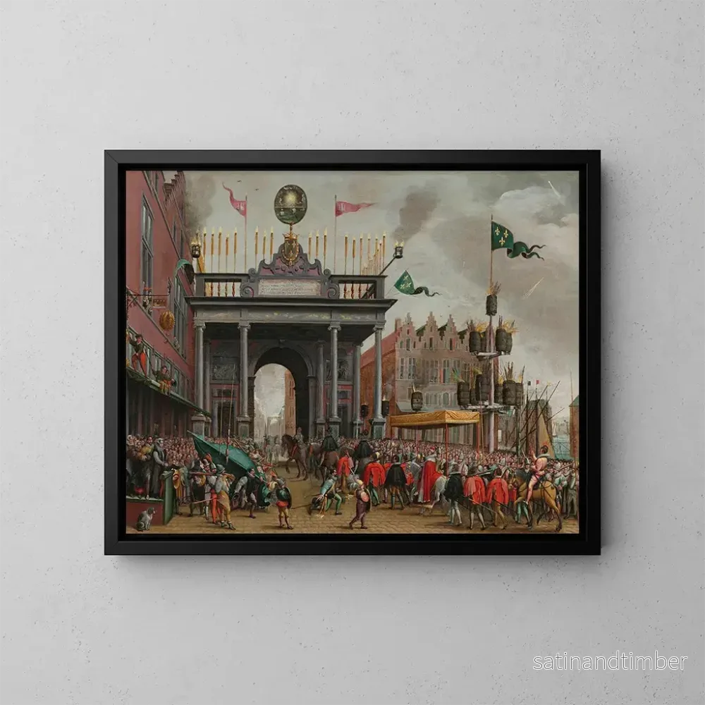 Reproduktion av målningen av den glada ankomsten av hertig d'Anjou till Antwerpen den 19 februari 1582 - Monogramist MHVH