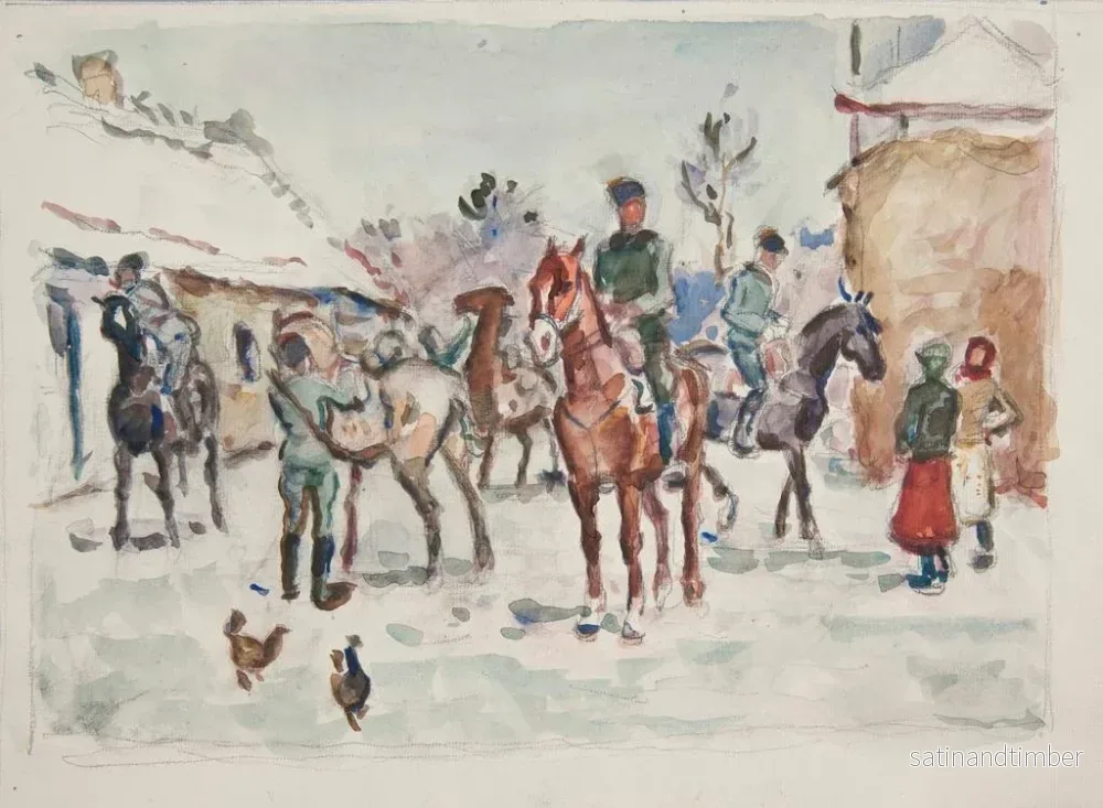 Reproduktion av målningen Les tireurs ukrainiens de Sitch sur leurs chevaux entrant dans le village - Ivan Ivanec - Bild 2