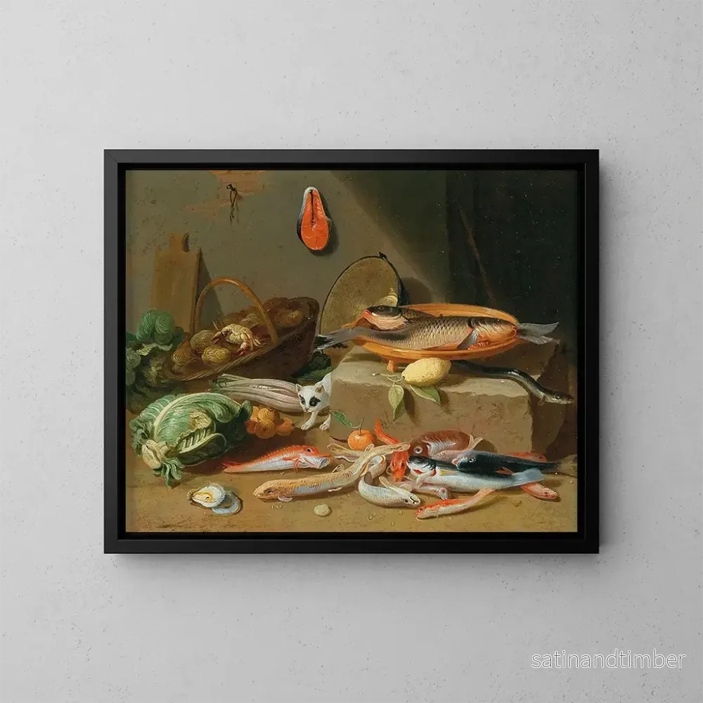 Reproduktion av målningen av köksstilleben med fisk, grönsaker och en katt - Pseudo Jan van Kessel II