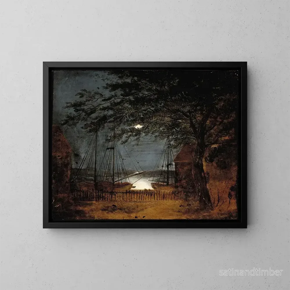 Reproduktion av målningen av hamn med båtar i månljus - F M E Fabritius De Tengnagel