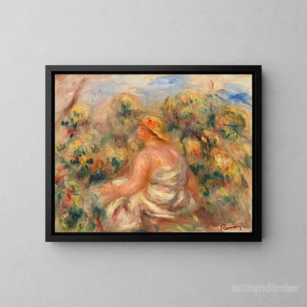 Reproduktion av målningen av kvinna med hatt i ett landskap - Pierre-Auguste Renoir