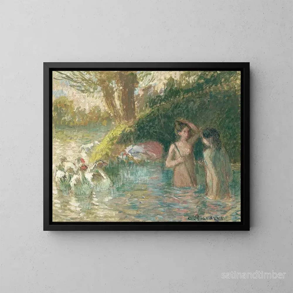 Reproduktion av målningen badande kvinnor som håller i fingrar – Camille Pissarro Reproduktion av målningen badande kvinnor som håller i fingrar – Camille Pissarro