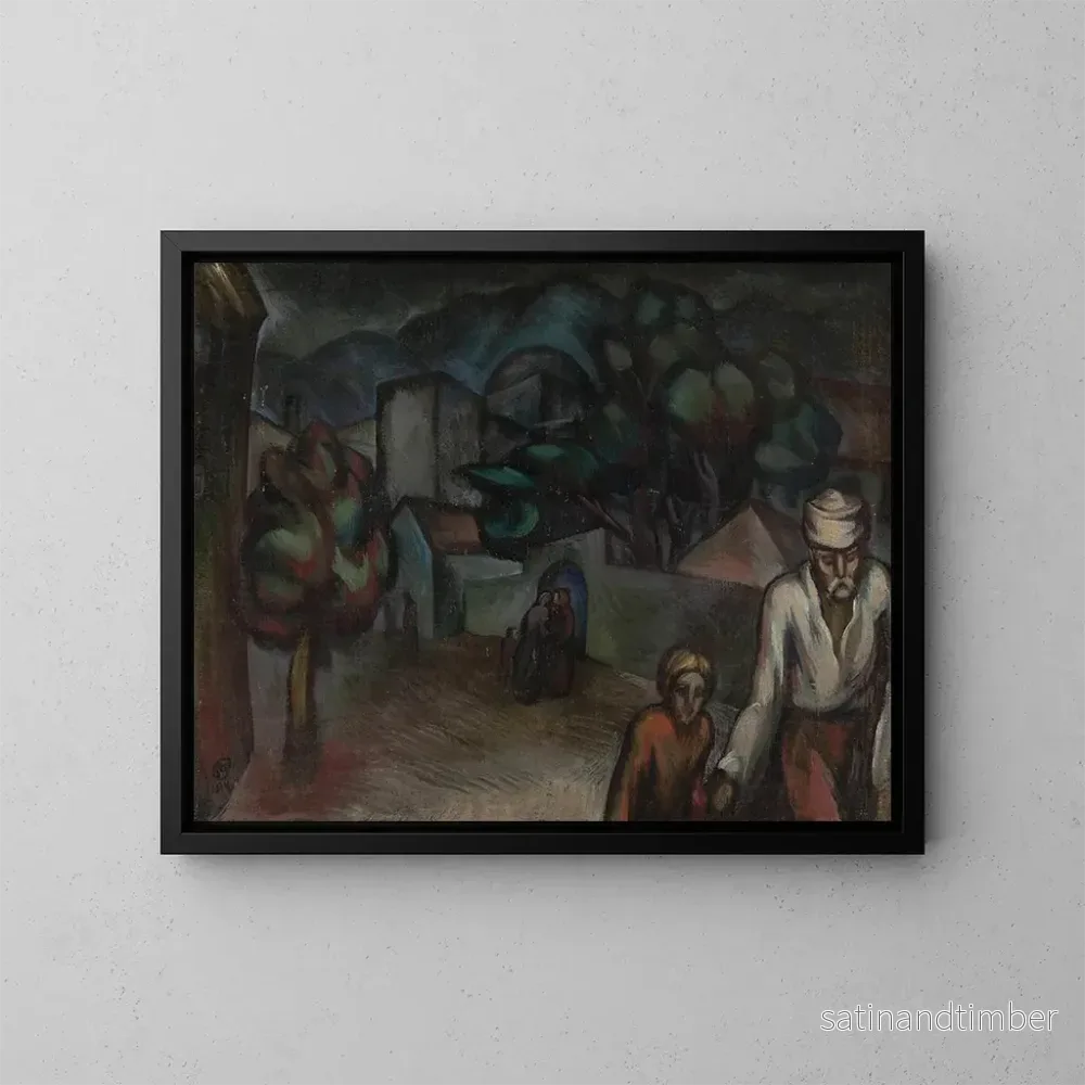 Reproduktion av målningen Landskapsstadsbild med figurer - Roman Petrović