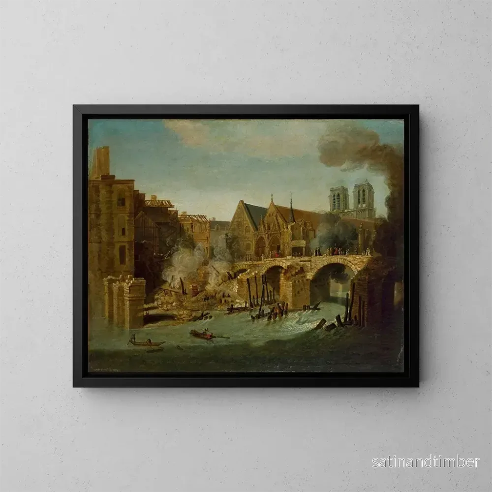 Reproduktion av målningen Le Petit Pont efter branden 1718 - Jean-Baptiste Oudry