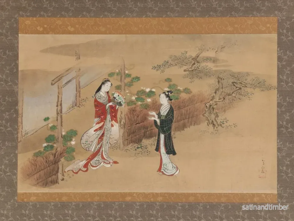 Reproduktion av målningen av kvällens ansikten, kapitel ur Genjis berättelse - Kawamata Tsunemasa - Bild 2