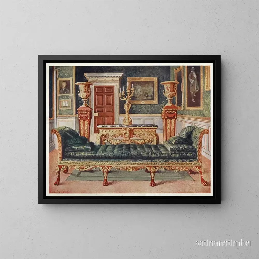 Reproduktion av målningen Georgisk målning i mahogny och guldförgyllning i Longford Castle-galleriet och den gröna salongen - Edwin Foley