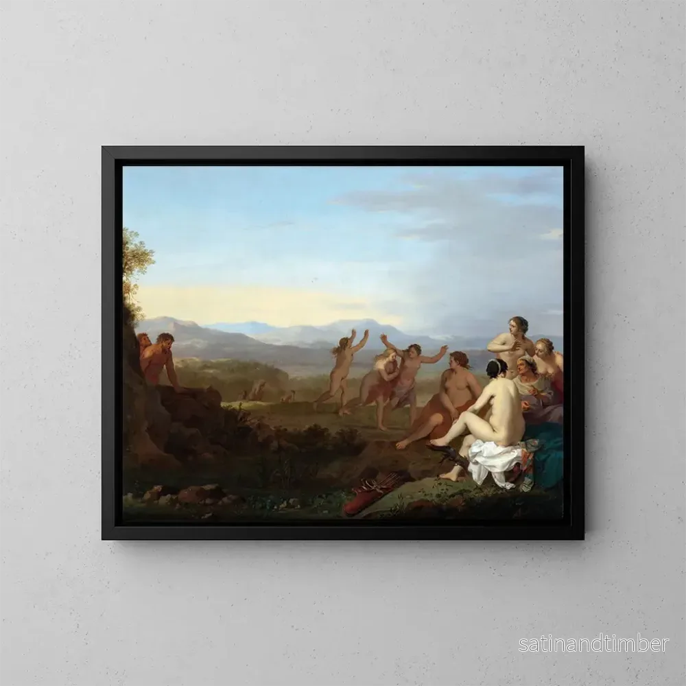 Reproduktion av målningen Satyrer som spionerar på nymfer - Cornelis van Poelenburch