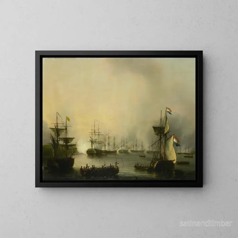 Reproduktion av målningen av bombardemanget av Palembang, Sumatra, 24 juni 1821 - Martinus Schouman