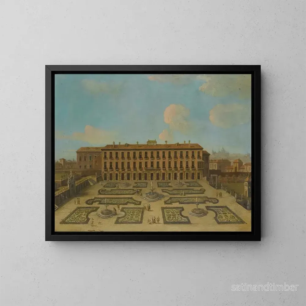 Reproduktion av målningen Vy av ett palats, kanske Palacio Riofrío i Segovia, med figurer som promenerar i de franska trädgårdarna – Skola av Francesco Battaglioli Reproduktion av målningen Vy av ett palats, kanske Palacio Riofrío i Segovia, med figurer som promenerar i de franska trädgårdarna – Skola av Francesco Battaglioli